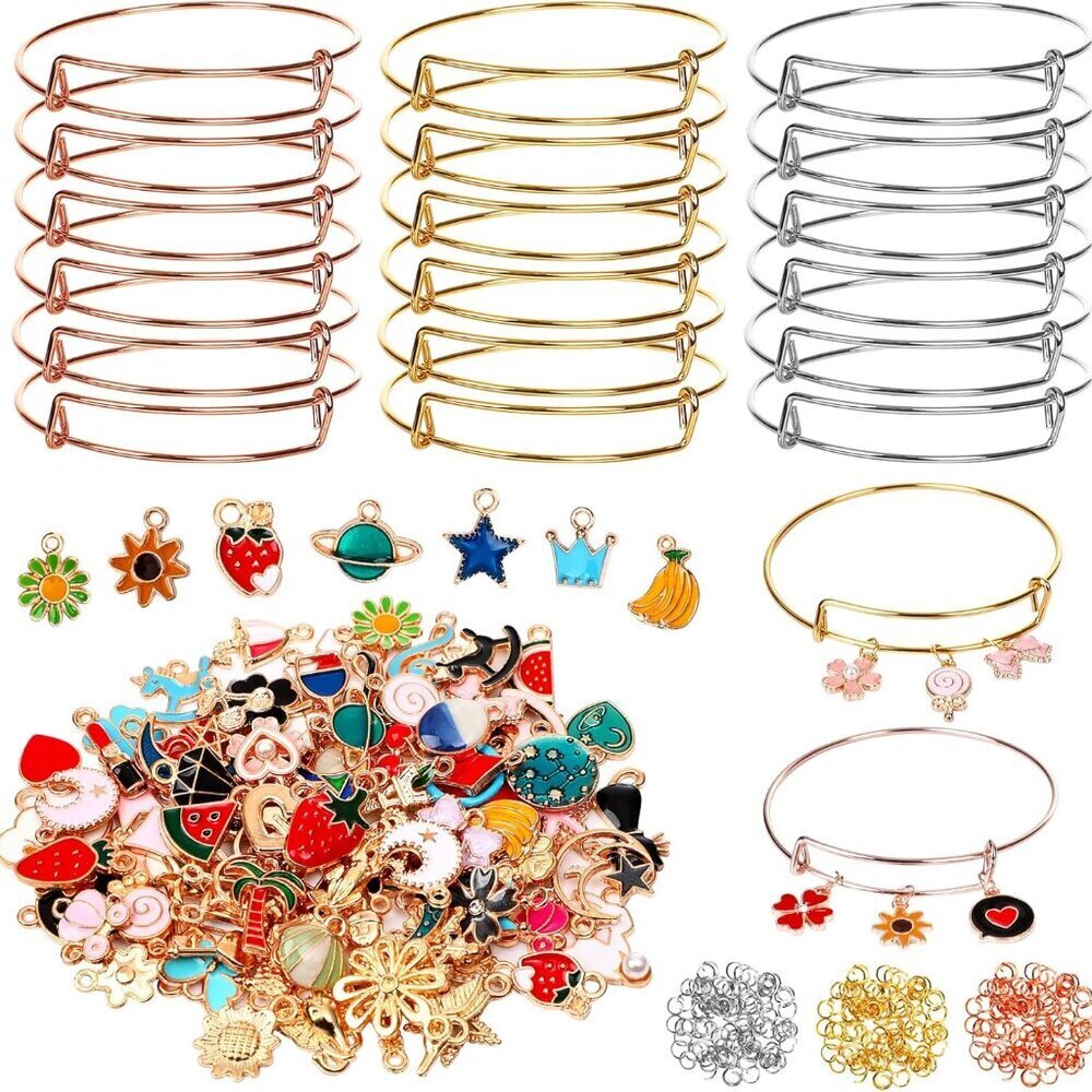 30Pcs Silver Expandable Blank Bracelets Adjustable Wire Bangles with 100Pcs Tibe